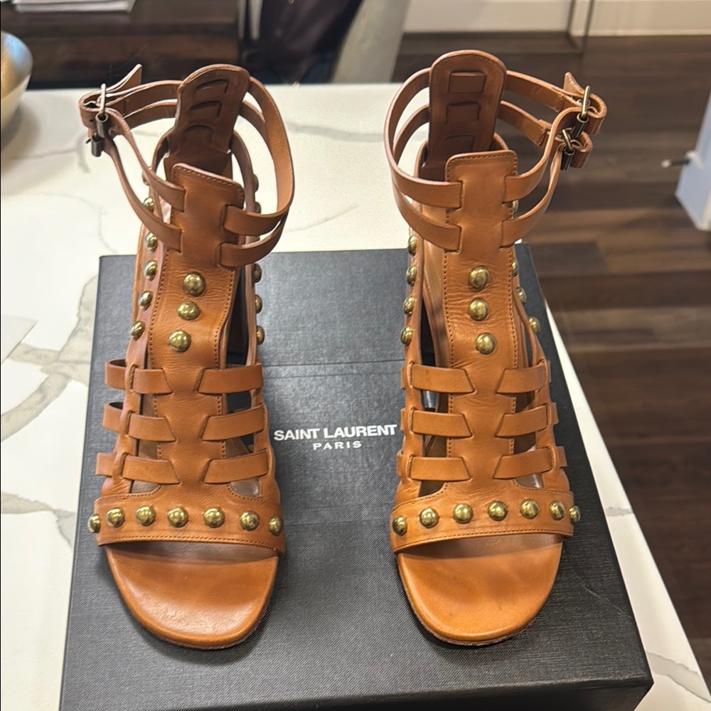 Saint Laurent Tan Studded Heels